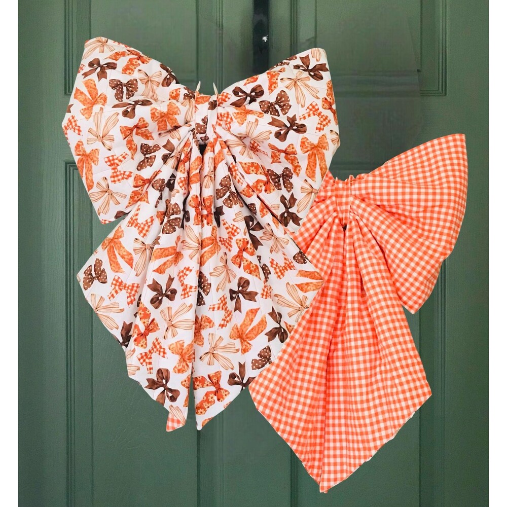 Reversible! Large Quilted Door Bow, Seasonal, Fall Bows Orange Gingham